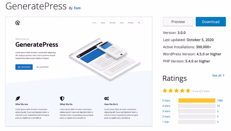 Strona GeneratePress w repozytorium WordPress z oceną 5 gwiazdek