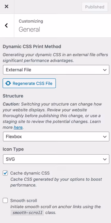 Ustawienia ogólne GeneratePress: Flexbox, dynamiczny CSS, ikony