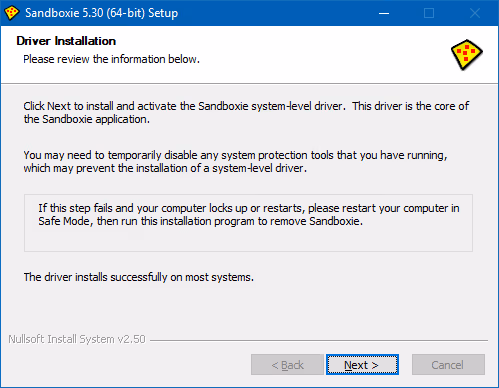 Sandboxie driver installation window