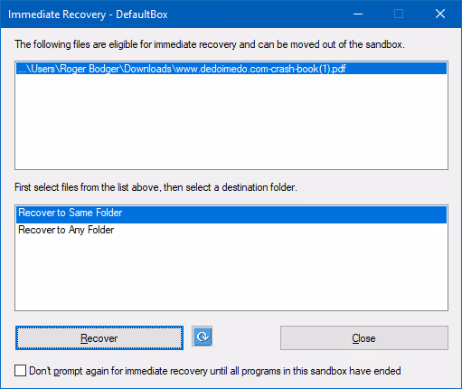 File recovery confirmation window from sandbox