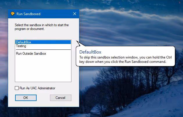 Windows context menu with sandbox launch options