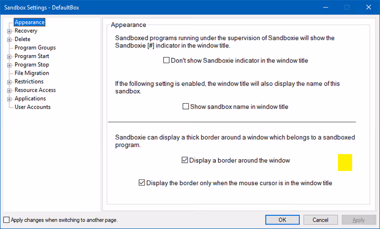 File recovery tab in sandbox settings