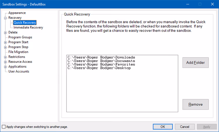 Application grouping settings in sandbox