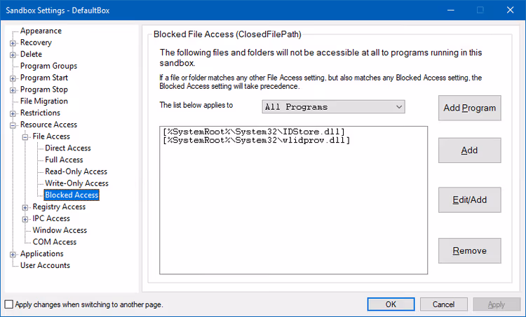 Registry and IPC access rights settings in sandbox