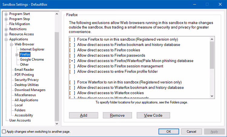 Application compatibility templates tab in Sandboxie