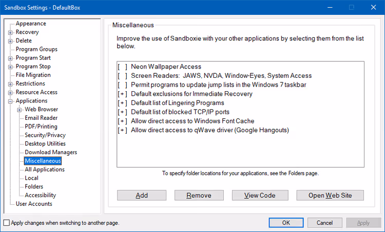 List of application categories with rule groups
