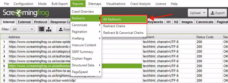 Report Tutti i reindirizzamenti con catena di redirect completa