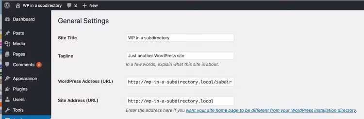 WordPress address differs from site address