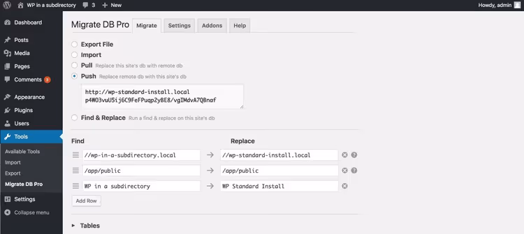 WP Migrate DB Pro migration settings from subdirectory