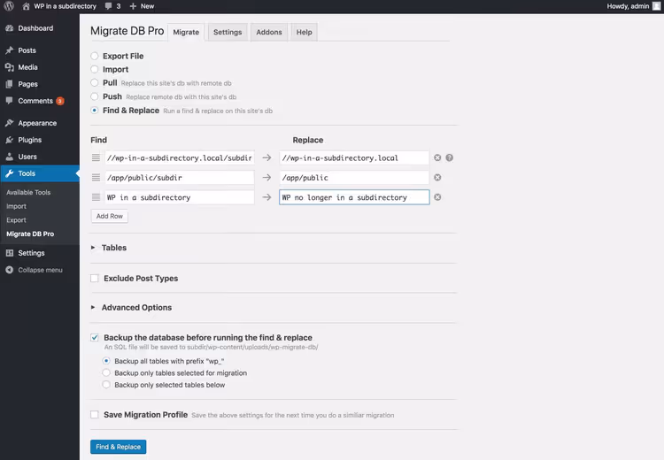 WP Migrate DB Pro search and replace window for removing subdirectory