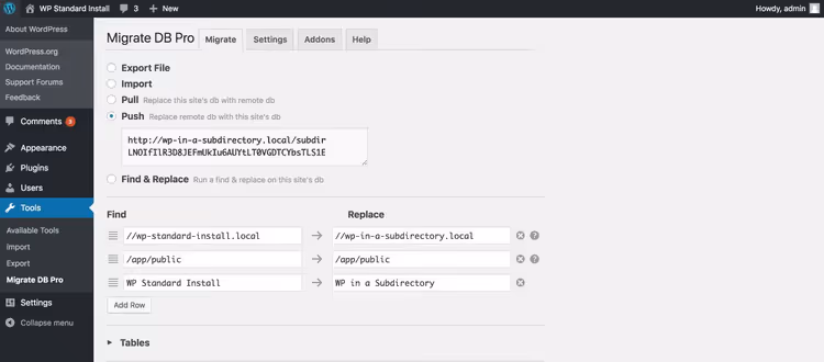 WP Migrate DB Pro migration settings from root to subdirectory