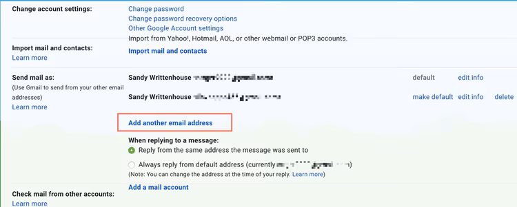 Button to add another address in Gmail settings