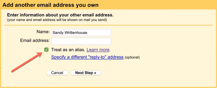 Window for entering name and address for a new Gmail alias