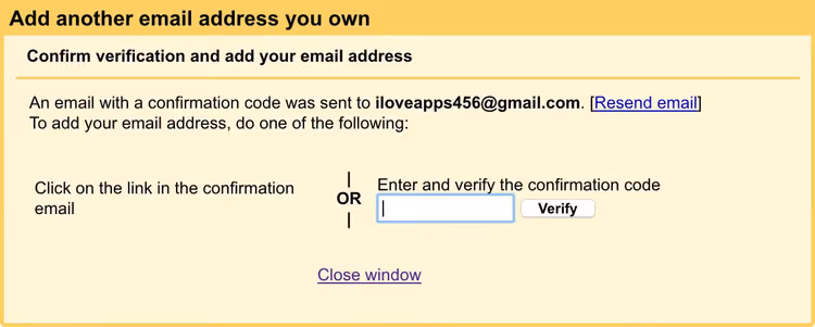 Window for entering confirmation code for Gmail alias