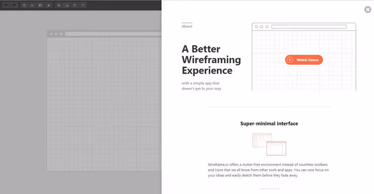 Minimalistisk Wireframe.cc-grensesnitt for skissering