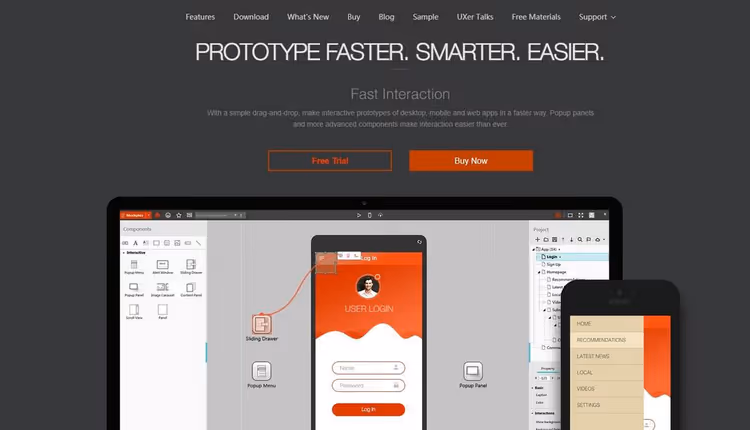 Mockplus-grensesnitt med ferdige UI-komponenter for prototyping