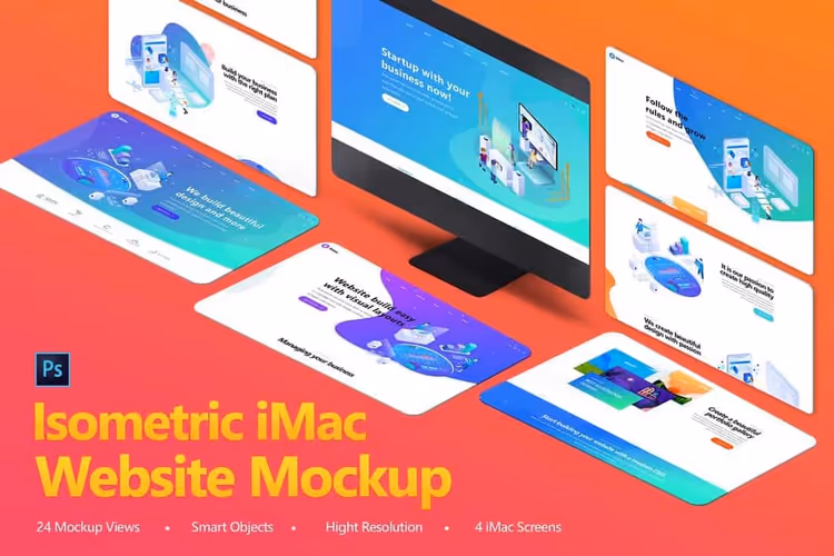 Isometrisk PSD-mockup av nettside på iMac, 24 varianter