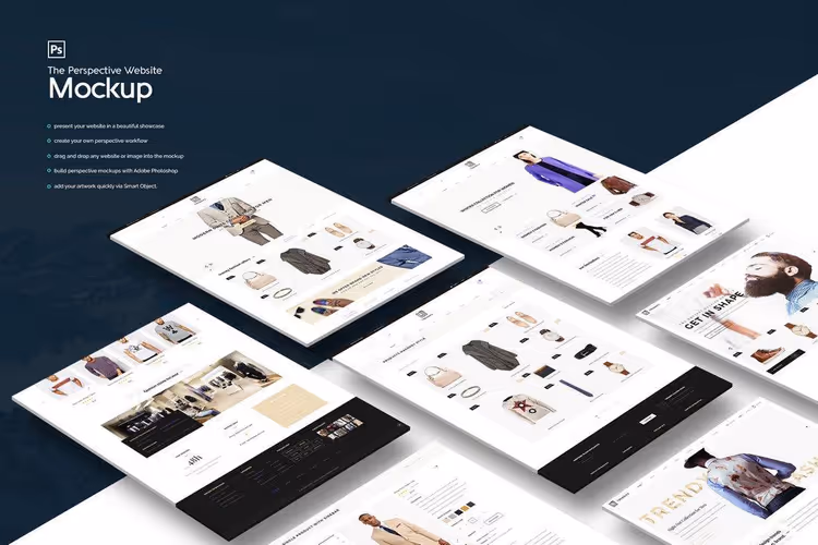 Moderne perspektiv-PSD-mockup av nettside med 11 visninger