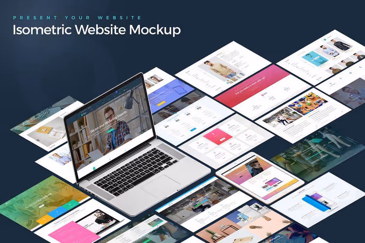 Isometrisk PSD-mockup av nettside med MacBook, 6 visninger