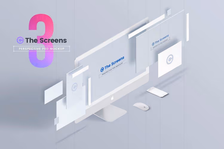 Perspektiv-PSD-mockup av skjerm på iMac, 3 vinkler
