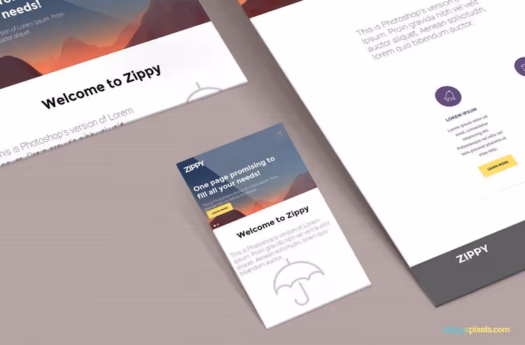 Gratis kvalitets-perspektiv-PSD-mockup av nettside