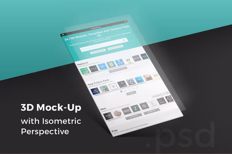 Uvanlig 3D-isometrisk PSD-mockup av nettside