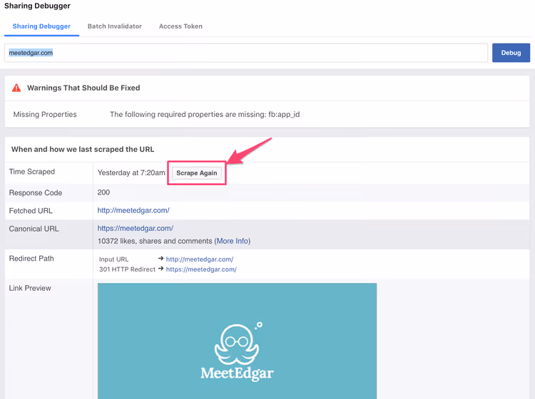 Facebook Sharing Debugger med knappen Skrapa igen