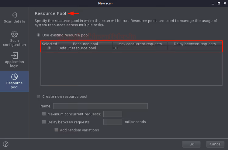 Paramètres du pool de ressources : nombre de threads et délai entre les requêtes