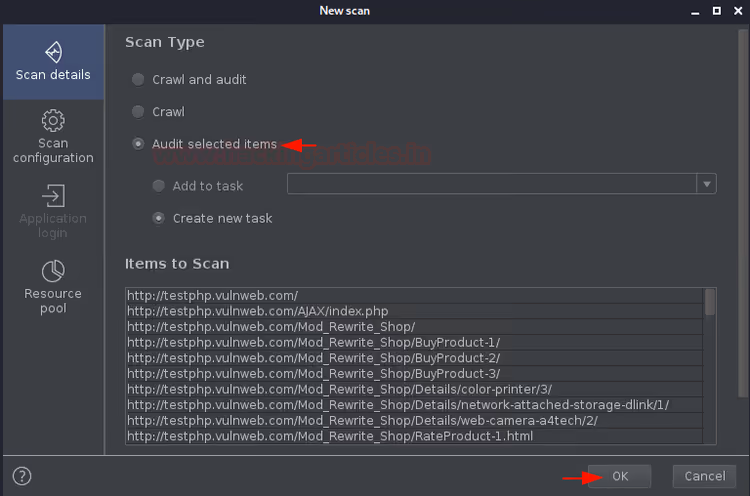 Fenêtre Nouvelle analyse avec option Éléments sélectionnés pour l'audit et liste d'URL