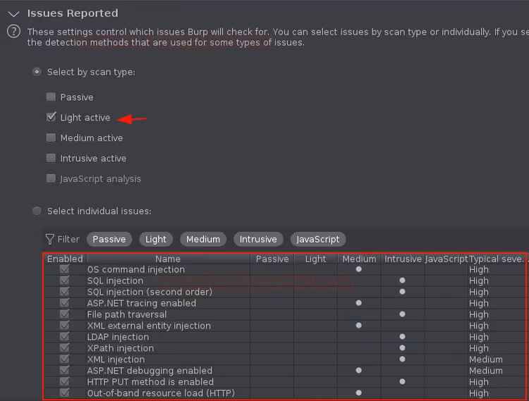 Sélection du type d'analyse : Passif, Léger actif, Moyen actif, Intrusif, Analyse JS