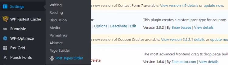 Paramètres de l'extension Post Types Order, sélection des types de publication