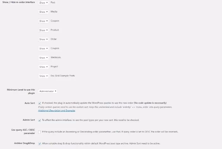 Options avancées de l'extension Post Types Order, tri automatique et droits d'accès