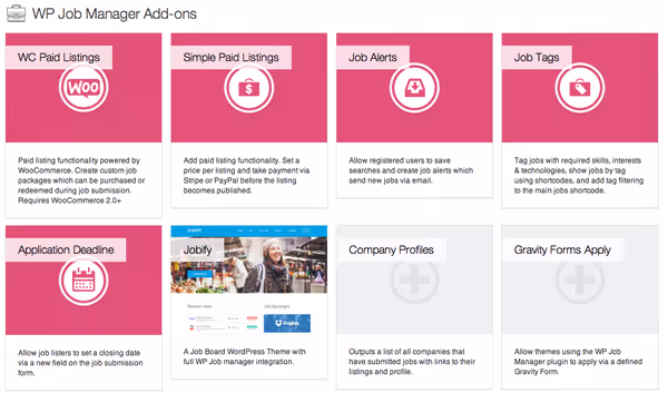 Liste der WP Job Manager Premium-Add-ons auf der Entwicklerseite