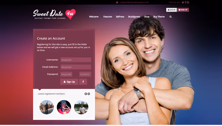 Главная страница темы Sweet Date с профилями пользователей и поиском анкет