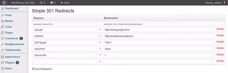 Simple 301 Redirects, minimalistiskt formulär för att kopiera och klistra in URL:er