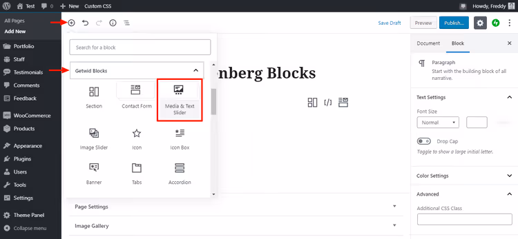 Media and Text Slider ploki lisamine Getwid Blocks kategooriast