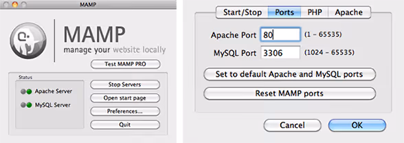 MAMP Apache ja MySQL pordi seaded