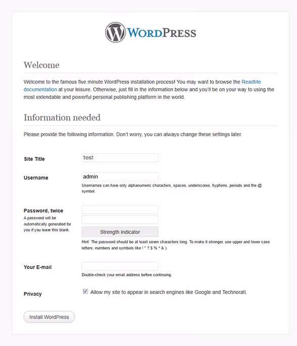 WordPressi paigaldusleht vormiväljadega