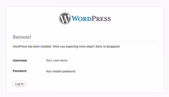 WordPress edukalt paigaldatud, tervitusleht