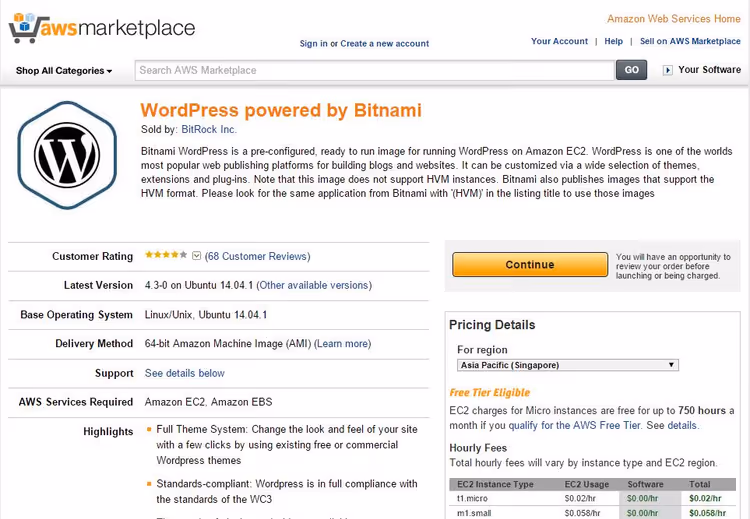Страница WordPress AMI от Bitnami в AWS Marketplace