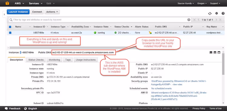 Список активных EC2 инстансов с WordPress сервером