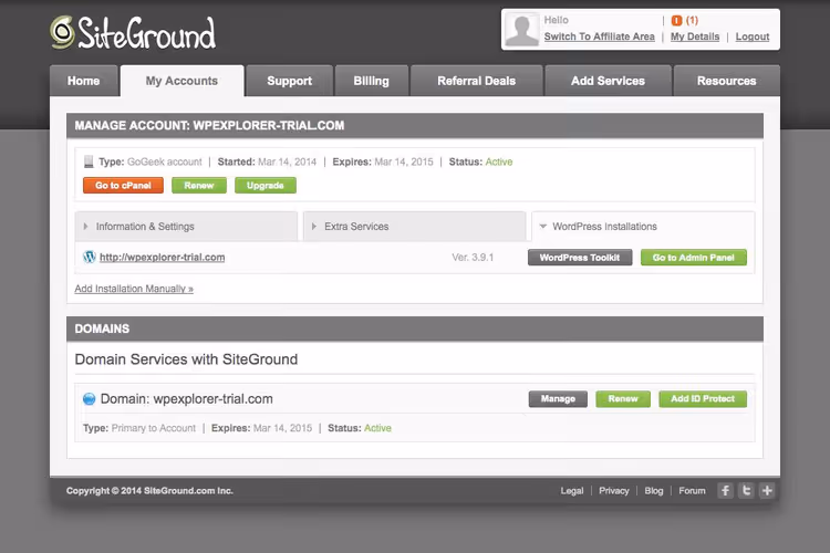 SiteGround WordPress-verktøykassepanel