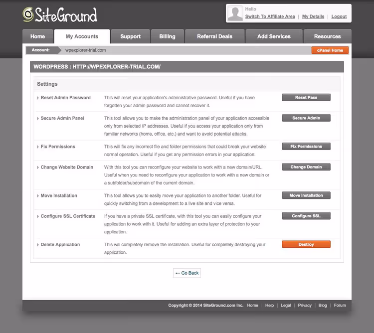 WordPress-verktøykasseverktøy i SiteGround-panelet