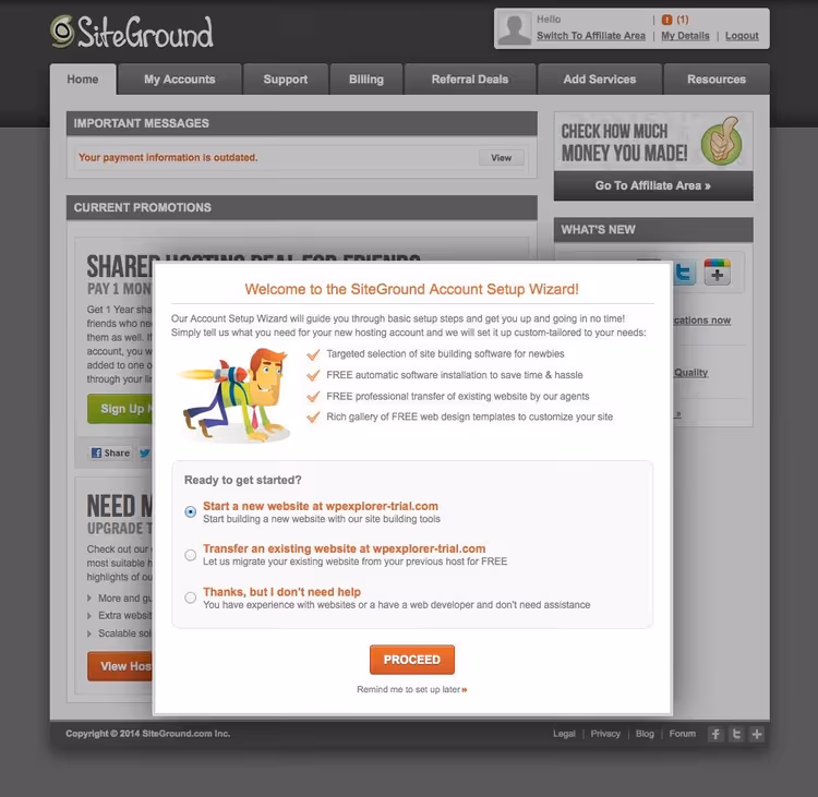 Startskjerm for SiteGround-installasjonsveiviseren