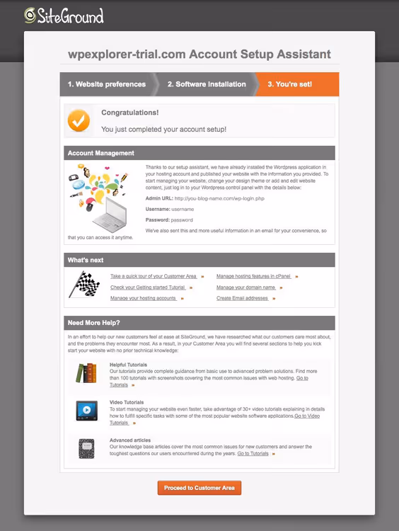 Fullføringsside for WordPress-installasjon på SiteGround