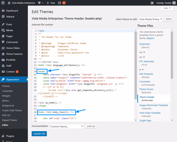 Archivo header.php abierto en el editor de temas de WordPress