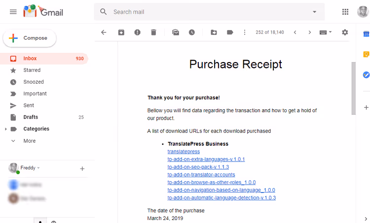 Email con link per il download di TranslatePress dopo l'acquisto