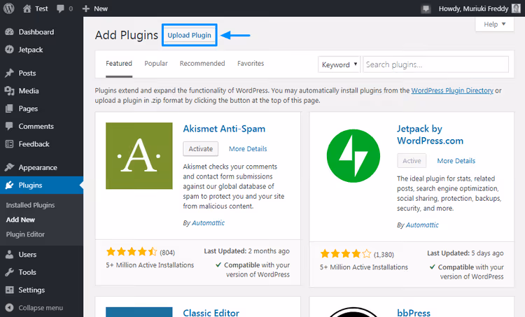 Pulsante Carica plugin nell'amministrazione di WordPress