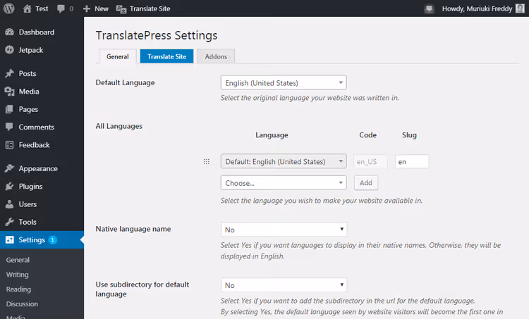 Pagina delle impostazioni generali di TranslatePress nell'amministrazione di WordPress