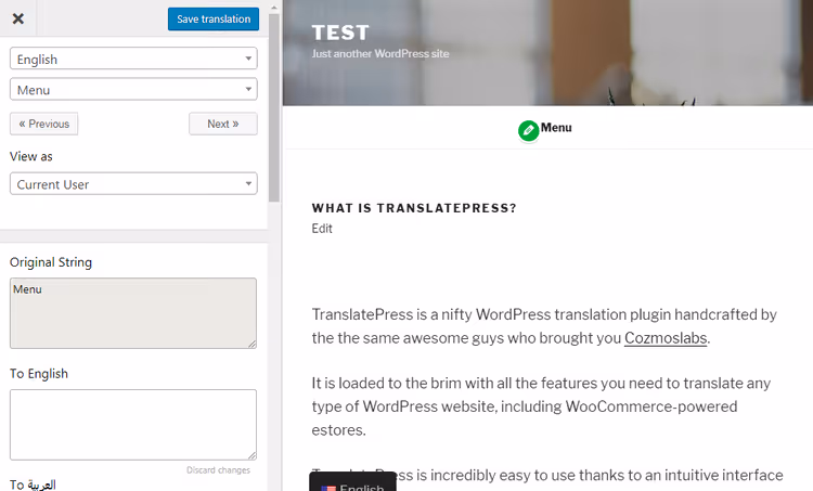 Editor di traduzione visivo di TranslatePress sul frontend del sito
